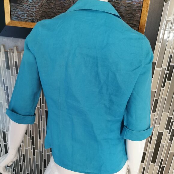 David N 100% Linen Top Small Turquoise Coastal Beachy Sleeve Button Up 0201 - Picture 2 of 6